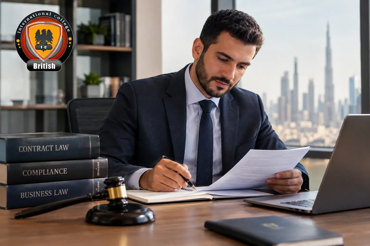 A corporate manager analyzing business contracts, representing the growing trend of legal studies for non lawyers in the GCC.